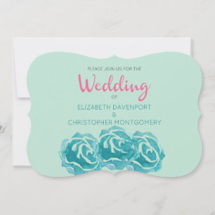 Teal Watercolor Roses Wedding Invitation