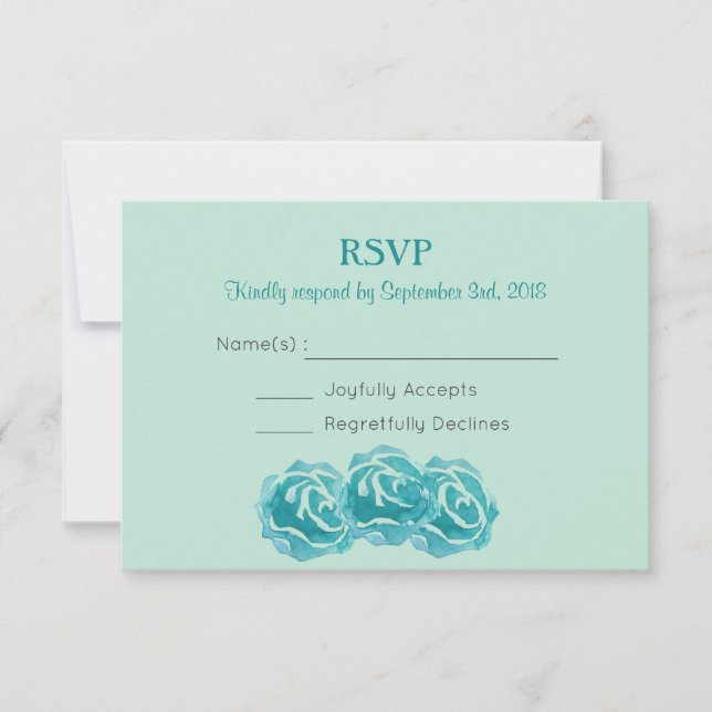 Teal Watercolor Roses Wedding RSVP Card (Front)