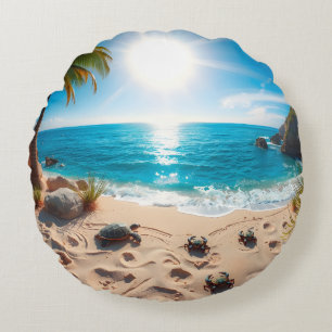 Teal Watercolor Sea Turtle Coastal Zen Round Pillow