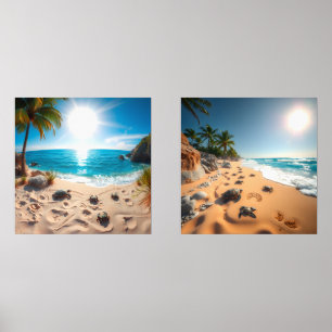Teal Watercolor Sea Turtle Coastal Zen Wall Art Sets