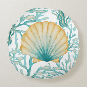 Teal Watercolor SeaShell Round Pillow