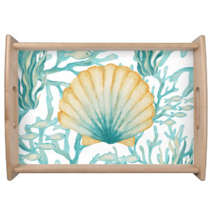 Teal Watercolor SeaShell Serving Tray