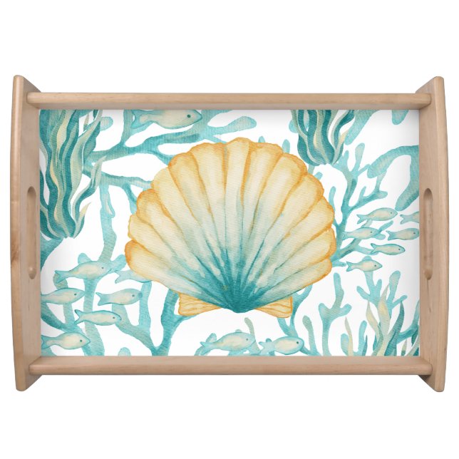 Teal Watercolor SeaShell Serving Tray (Front)
