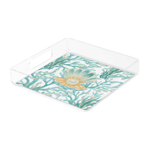 Teal Watercolor Shell Pearl Acrylic Tray