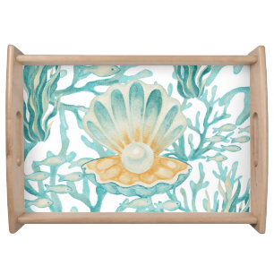 Teal Watercolor Shell Pearl Serving Tray