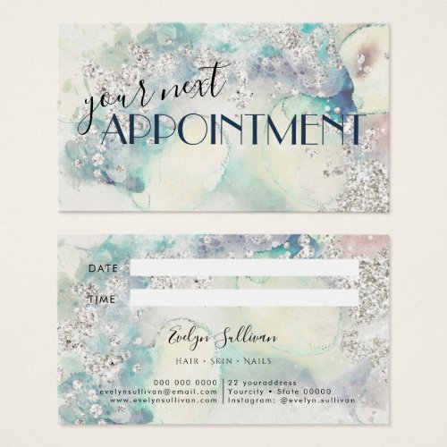 Teal watercolor silver glitter appointment card