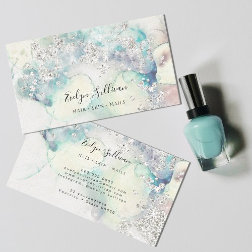 Teal watercolor silver glitter business card