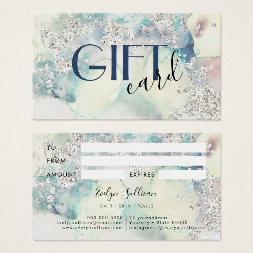 Teal watercolor silver glitter gift card