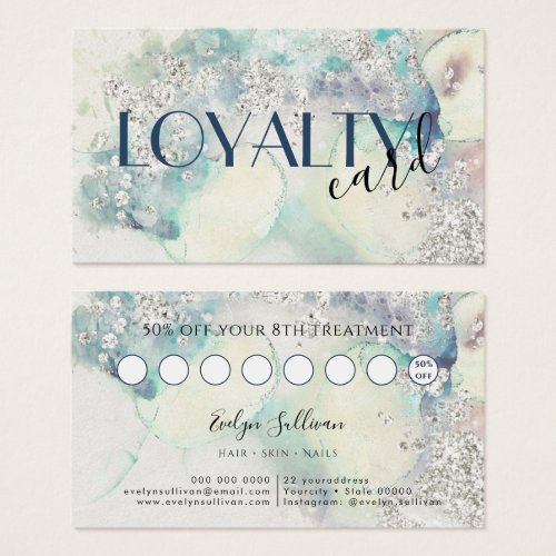 Teal watercolor silver glitter loyalty card