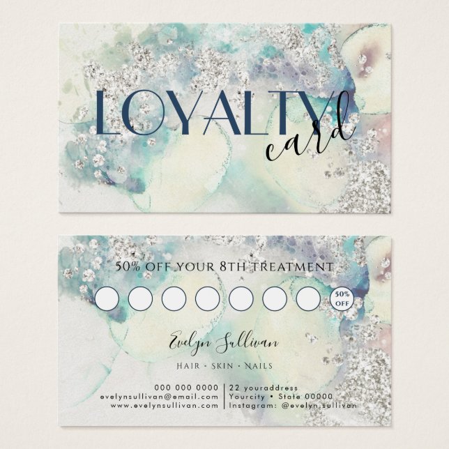 Teal watercolor silver glitter loyalty card (Front & Back)