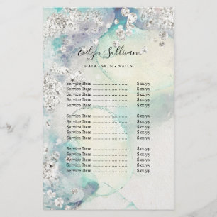 Teal watercolor silver glitter price list flyer