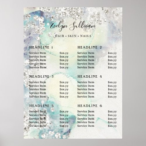 Teal watercolor silver glitter price list poster