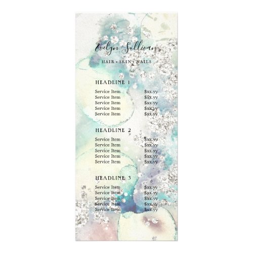 Teal watercolor silver glitter price list rack card