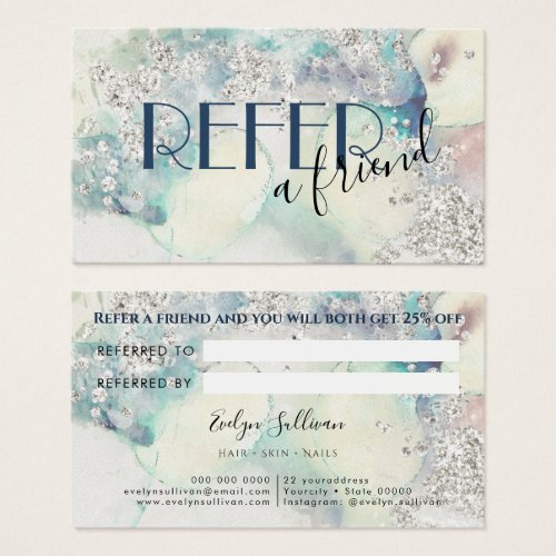 Teal watercolor silver glitter referral card