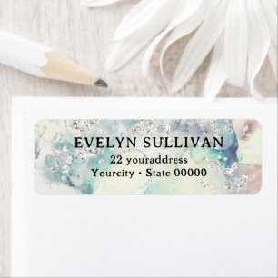 Teal watercolor silver glitter return address label