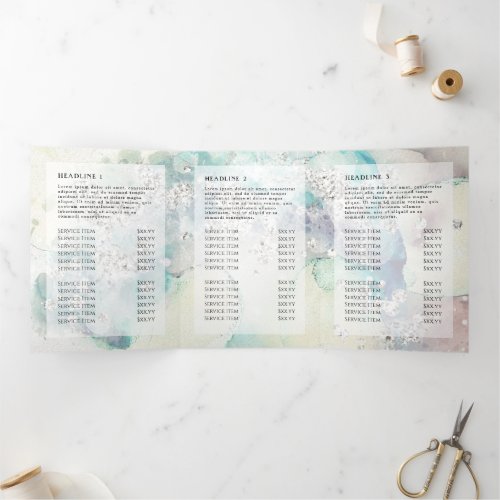 Teal watercolor silver glitter trifold brochure