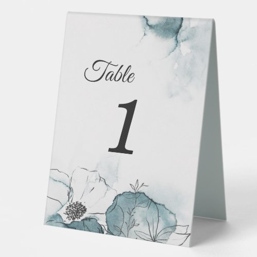 Teal Watercolor Sketch Table Number Tent Sign