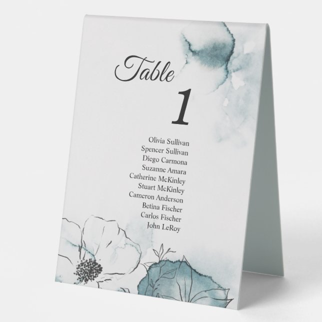 Teal Watercolor Sketch Table Tent Sign with Guests (Front)