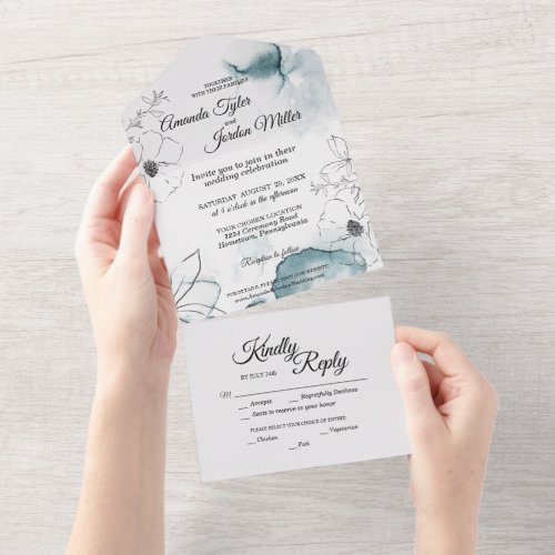 Teal Watercolor Sketch Wedding All In One Invitation