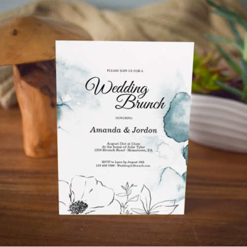 Teal Watercolor Sketch Wedding Brunch Invitation