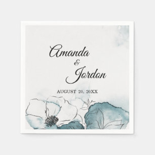 Teal Watercolor Sketch Wedding Cocktail Napkin