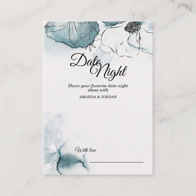 Teal Watercolor Sketch Wedding Date Night Advice Card (Front)