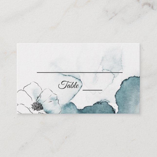Teal Watercolor Sketch Wedding Place Card (Front)