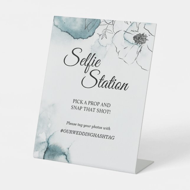 Teal Watercolor Sketch Wedding Selfie Station Pedestal Sign (Front)