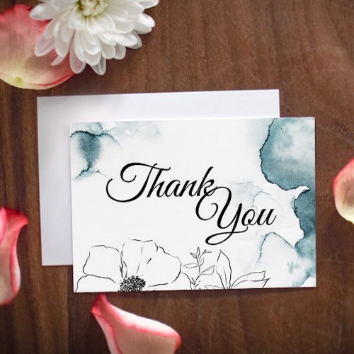 Teal Watercolor Sketch Wedding Thank You Flat Card