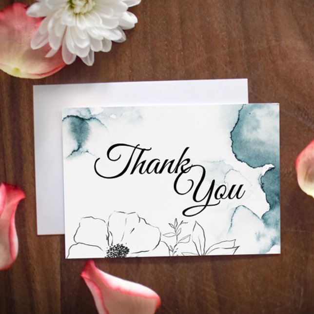 Teal Watercolor Sketch Wedding Thank You Flat Card (Creator Uploaded)