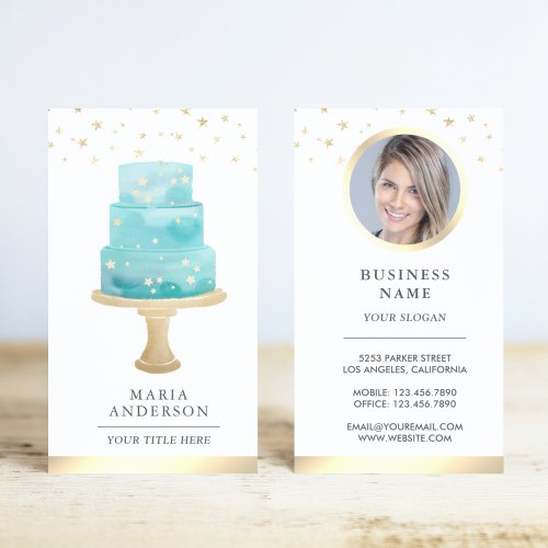 Teal Watercolor Stars Cake Pastry Chef Bakery Business Card