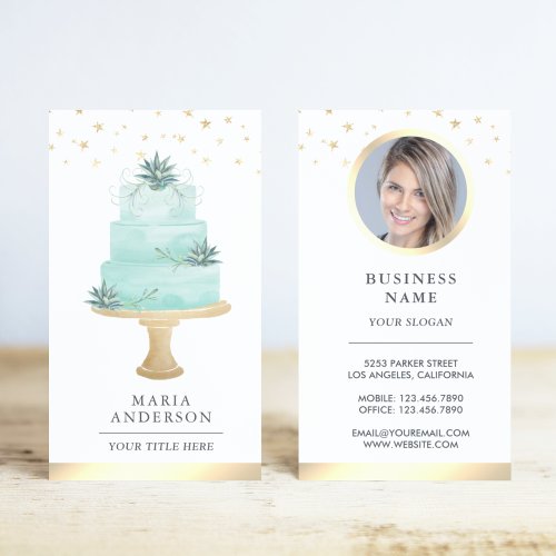 Teal Watercolor Succulent Cake Pastry Chef Bakery Business Card