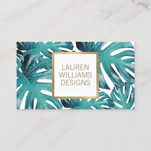 Teal Watercolor Tropical Monstera Pattern Business Card