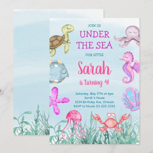 Teal Watercolor Under the sea Birthday Invitation (Front/Back)