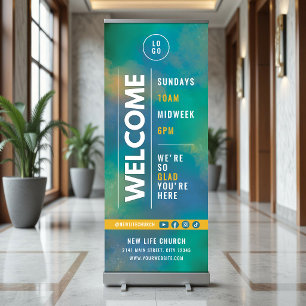 Teal Watercolor Welcome Church Service Retractable Banner
