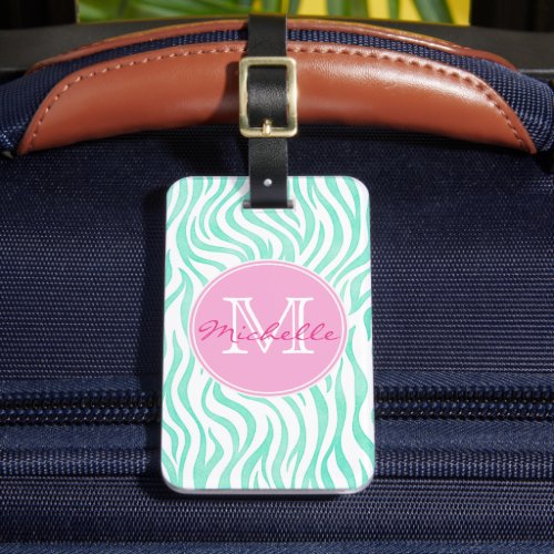 Teal Watercolor Zebra Print  Monogram Luggage Tag