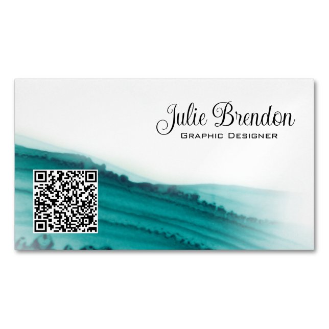 Teal Watercolour Script Custom Modern Business Card Magnet (Front)