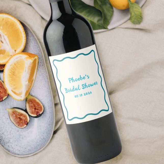 Teal Wavy Border Whimsical Bridal Shower Cute Wine Label (Creator Uploaded)