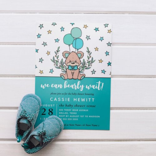 Teal We Can Bearly Wait Boy Baby Shower Invitation