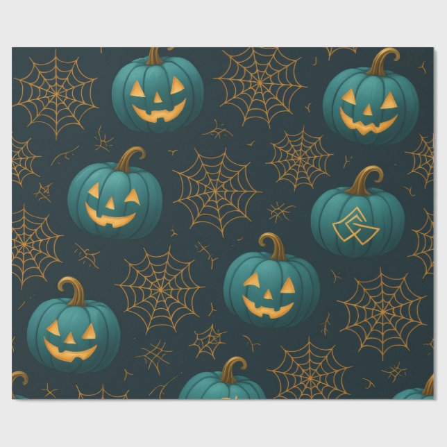 Teal Webbed Jack - O’ - Lanterns  Wrapping Paper (Flat)