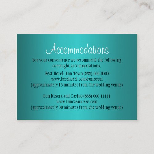 Teal Wedding Accommodation - Reception Cards Business Card Template