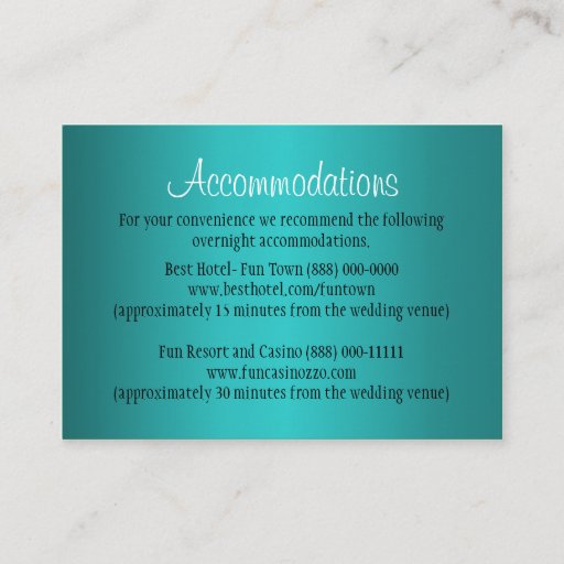 Customizable Teal Wedding Accommodation - Reception Cards Business Card Template
