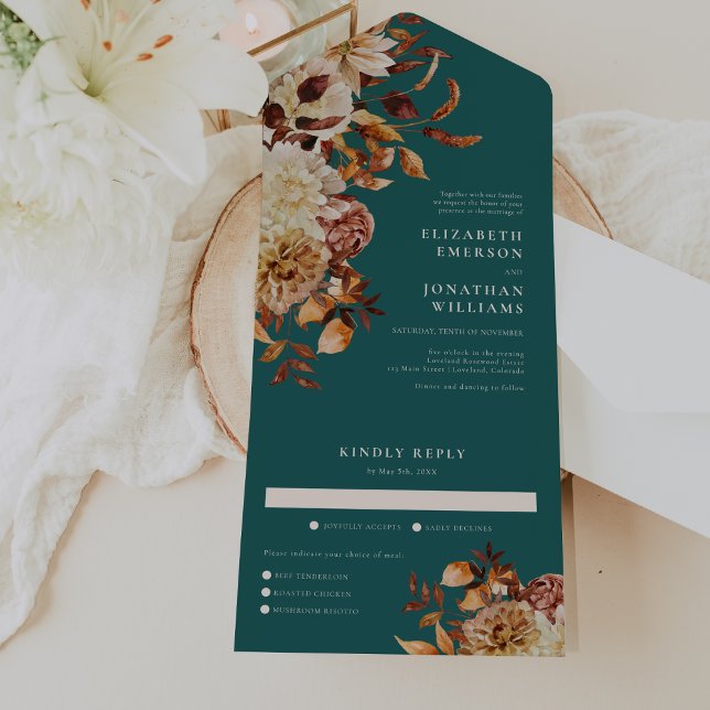 Teal Wedding All In One Invitation (Fall Teal Terracotta Floral  Wedding All In One Invitation by Painted Paperie)