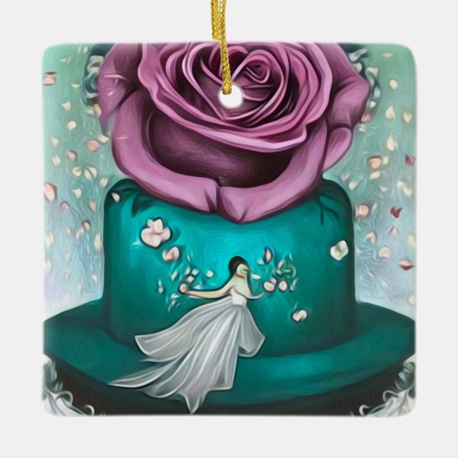 Teal Wedding Cake & Flower Ceramic Ornament (Front)