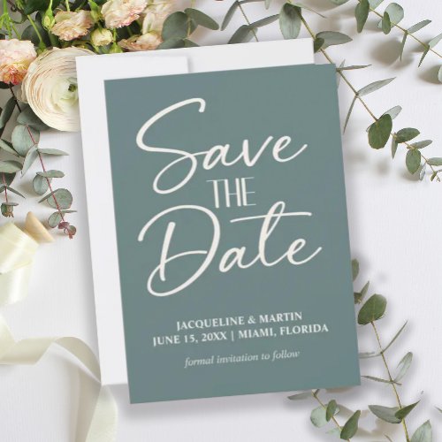 Teal Wedding Cream Handlettered Cursive Save The Date