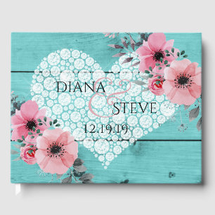 Teal Wedding Diamond Heart Rustic Wood Pink Floral Guest Book