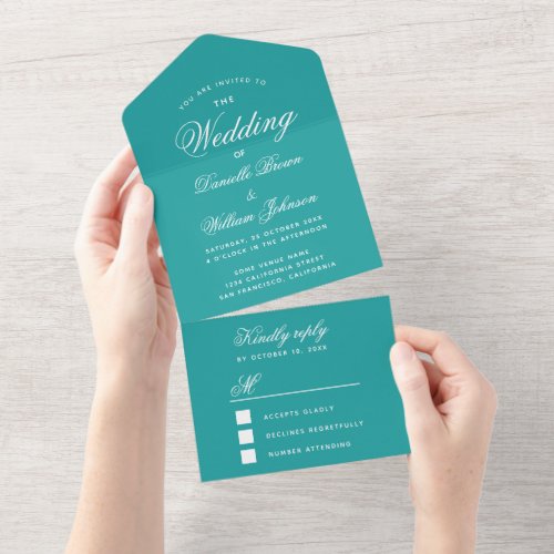 Teal Wedding Elegant Script Calligraphy Blue RSVP All In One Invitation