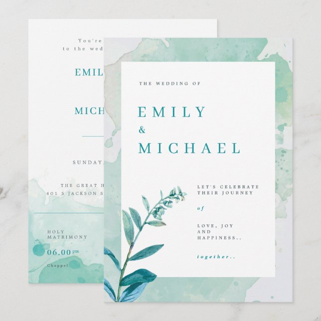 Teal Wedding Invitation Pastel Watercolor Rustic (Front/Back)