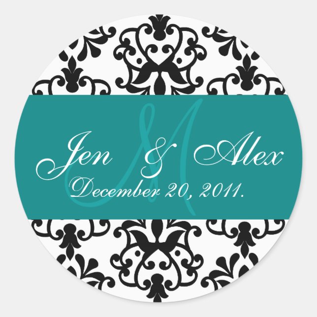 Teal Wedding Monogram Names Date Paisley Seal (Front)