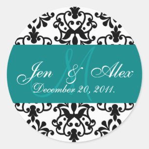 Teal Wedding Monogram Names Date Paisley Seal